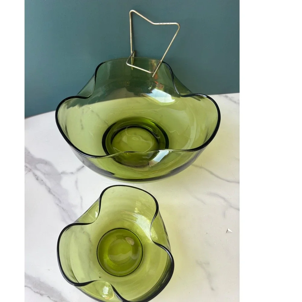 Vtg Anchor Hocking MCM Avocado Green Ruffled Glass Chip Dip Set  2 pc